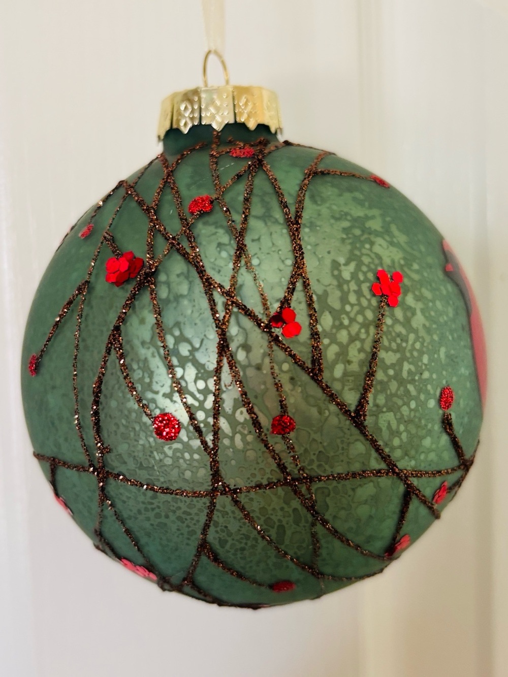 Hand-Painted Green Glass Ornament with Red Cardinal - Picture 3 of 7